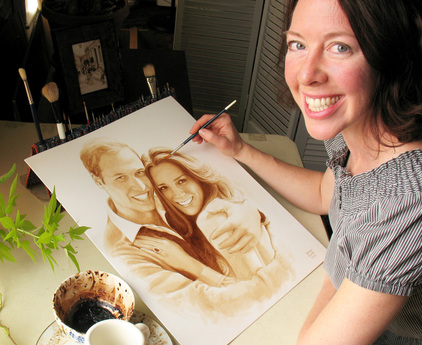 coffee painting Royals William and Kate by Karen Eland